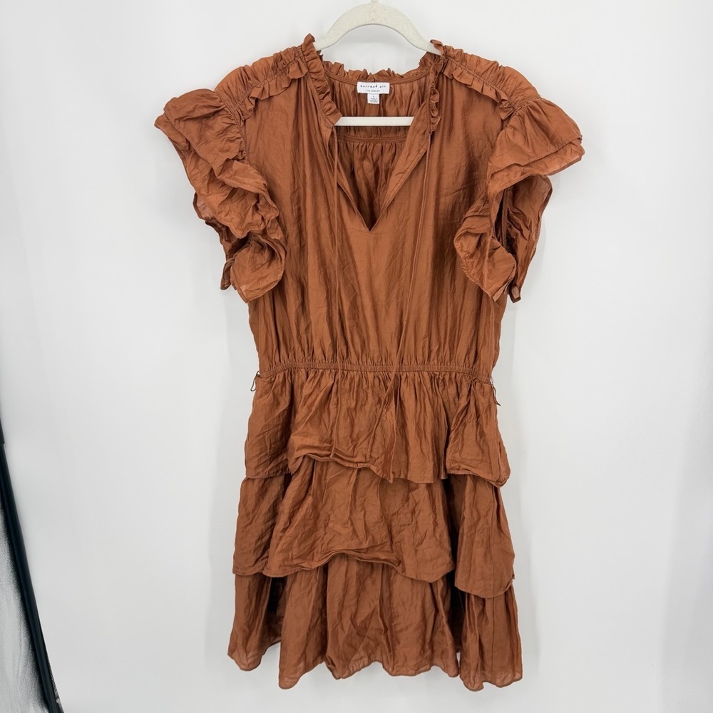 Current air Flutter Sleeve Tiered Mini Dress burnt orange L blue contrast stitch